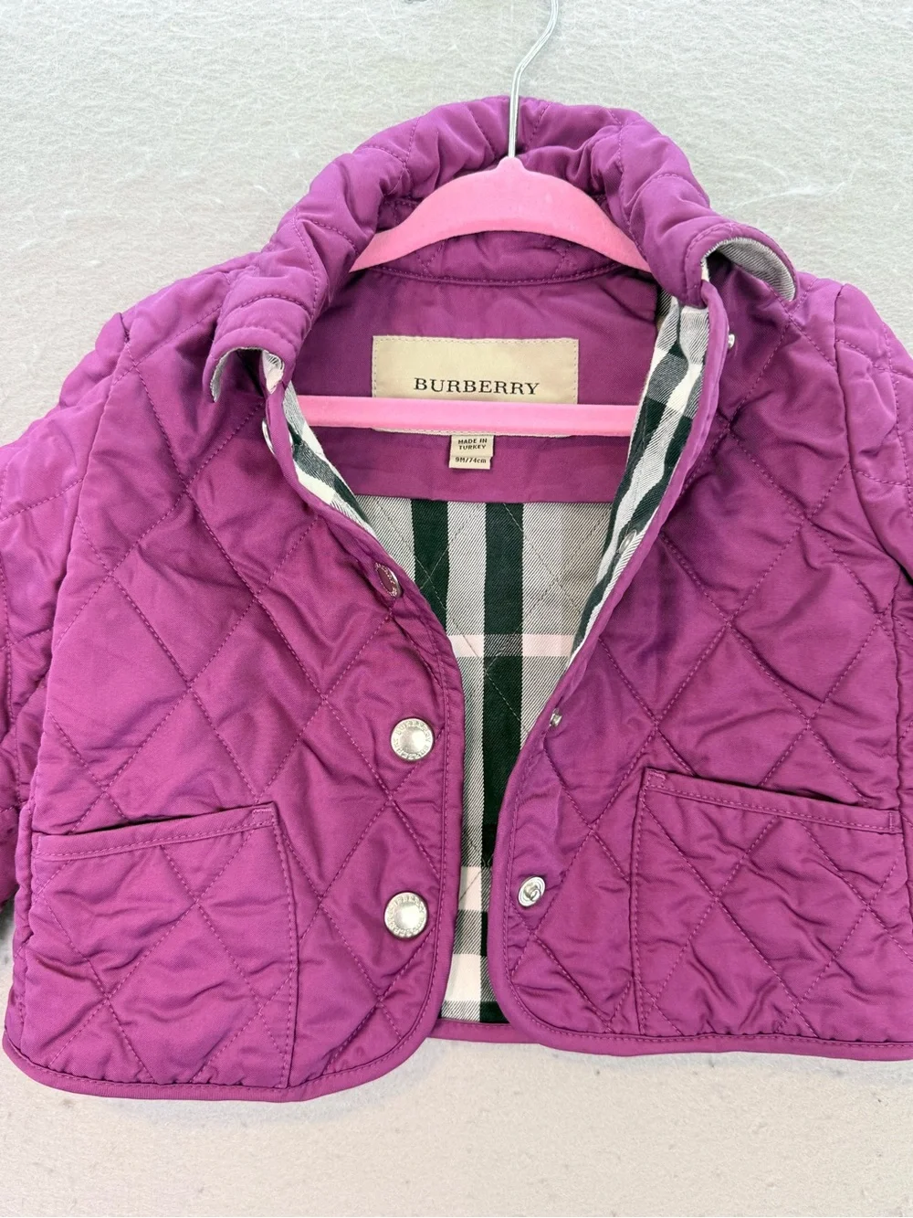 Burberry London Baby girl purple diamond quilted jacket snap button size 9 month